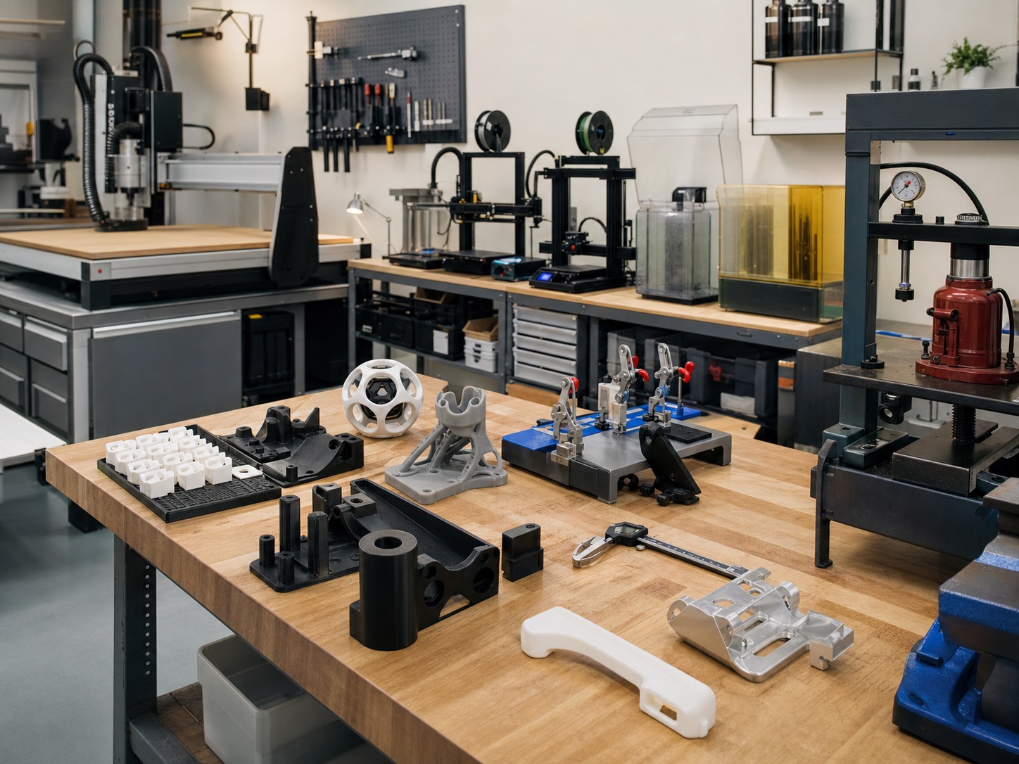 Clean fabrication shop with CNC, 3D printers, hydraulic press, and prototype parts