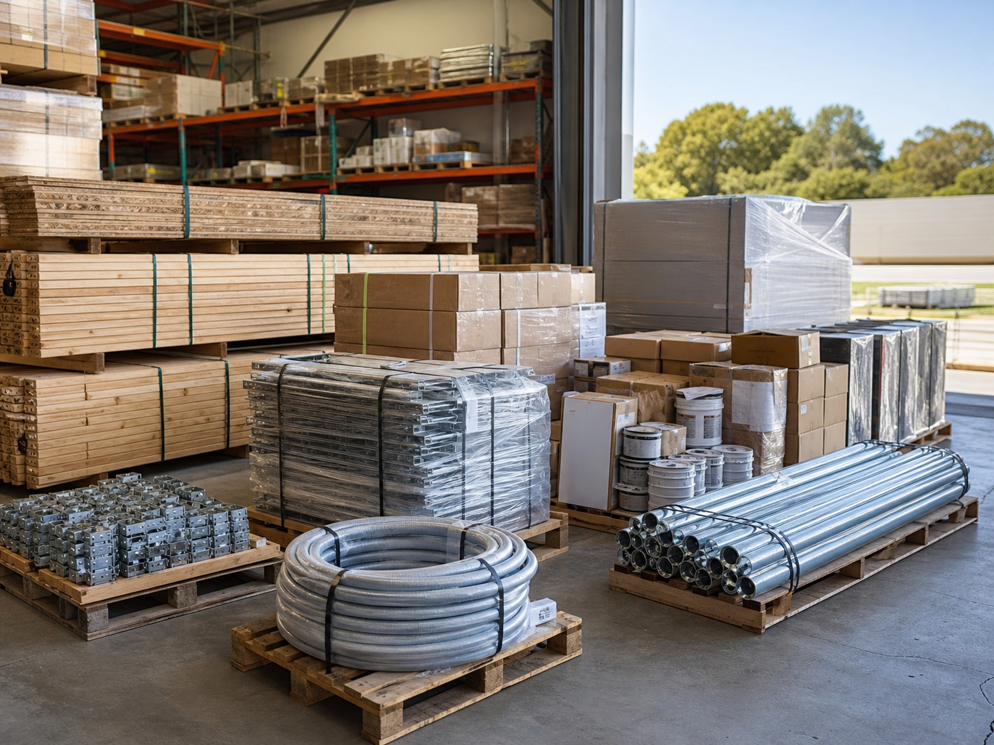 Bundled lumber, conduit, fasteners, and supply pallets prepared for shipment